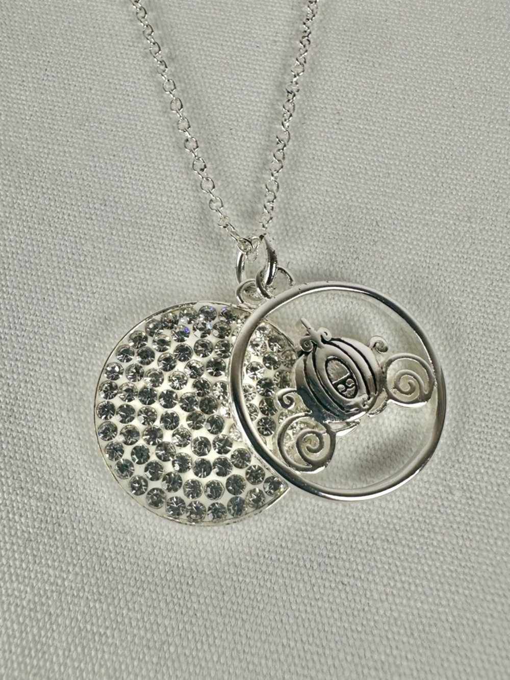 Disney, Cinderella/Carriage and Pave Crystal Pendent Necklace, Chain 18”